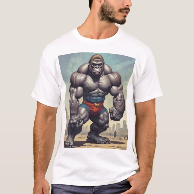 Gorilla Bodybuilder Pop Art Cartoon Drawing T-Shirt (Front)