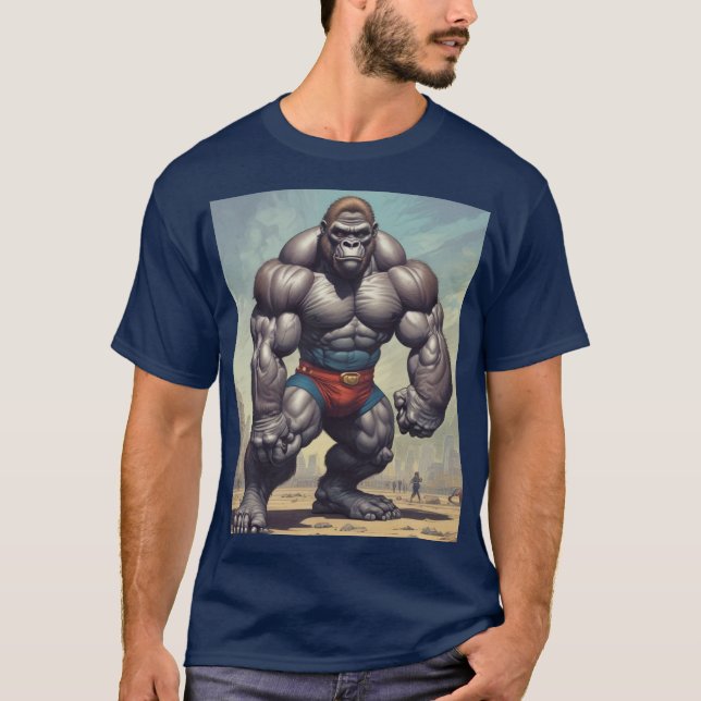Gorilla Bodybuilder Pop Art Cartoon Drawing T-Shirt (Front)
