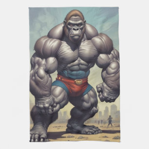 Gorilla Bodybuilder Pop Art Cartoon Drawing Tea Towel