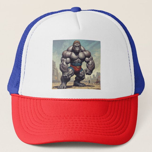 Gorilla Bodybuilder Pop Art Cartoon Drawing Trucker Hat (Front)