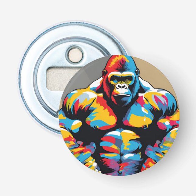 Gorilla Bodybuilder Weight Lifter Pop Art Cartoon Bottle Opener (Front)