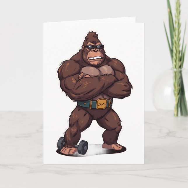 Gorilla Bodybuilder Weight Lifter Pop Art Cartoon Card (Front)