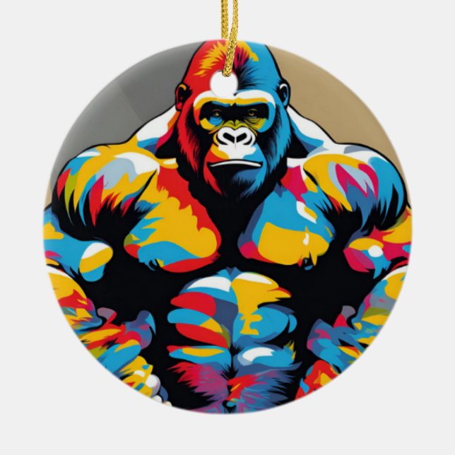 Gorilla Bodybuilder Weight Lifter Pop Art Cartoon Ceramic Tree Decoration (Front)