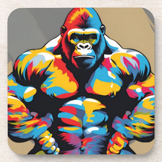 Gorilla Bodybuilder Weight Lifter Pop Art Cartoon Coaster (Front)