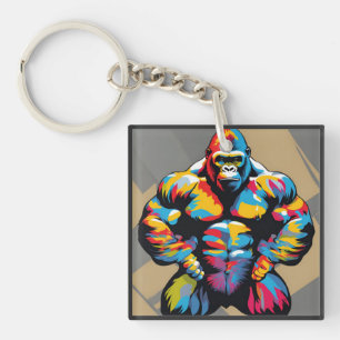 Gorilla Bodybuilder Weight Lifter Pop Art Cartoon Key Ring