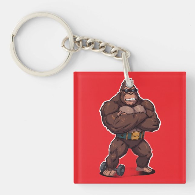 Gorilla Bodybuilder Weight Lifter Pop Art Cartoon Key Ring (Front)