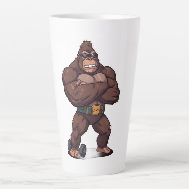 Gorilla Bodybuilder Weight Lifter Pop Art Cartoon Latte Mug (Front)