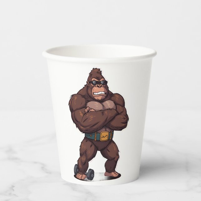 Gorilla Bodybuilder Weight Lifter Pop Art Cartoon Paper Cups (Front)