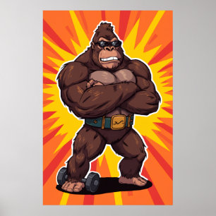 Gorilla Bodybuilder Weight Lifter Pop Art Cartoon Poster