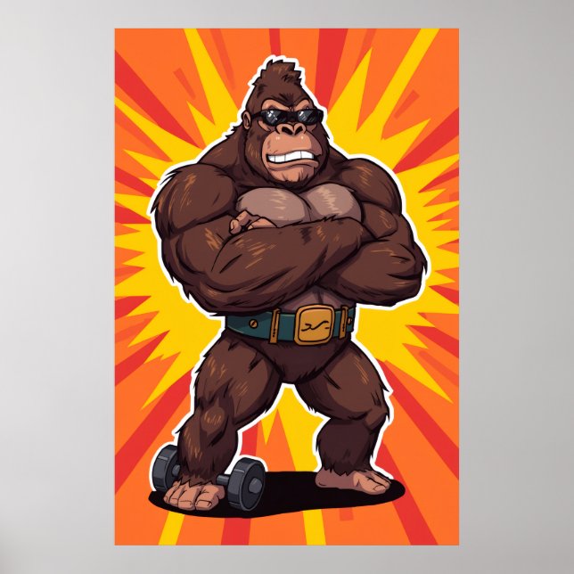 Gorilla Bodybuilder Weight Lifter Pop Art Cartoon Poster (Front)