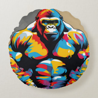 Gorilla Bodybuilder Weight Lifter Pop Art Cartoon Round Cushion