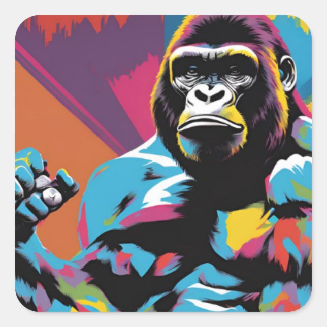 Gorilla Bodybuilder Weight Lifter Pop Art Cartoon Square Sticker (Front)