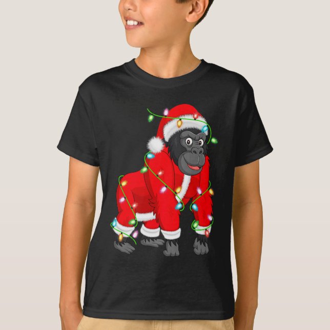 Gorilla Christmas Lights Santa Costume Cute Animal T-Shirt (Front)