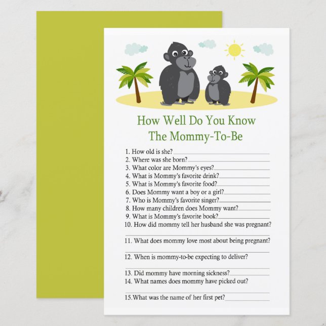 Gorilla How well do you know baby shower game (Front/Back)