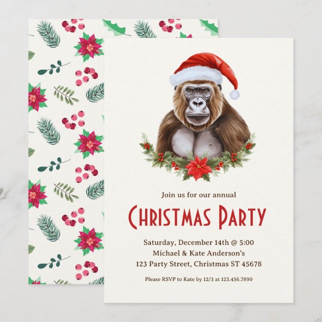 Gorilla in a Santa Hat Poinsettias Christmas Party Invitation (Front/Back)