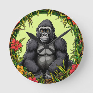 Gorilla in a Tropical Bamboo Frame Round Clock