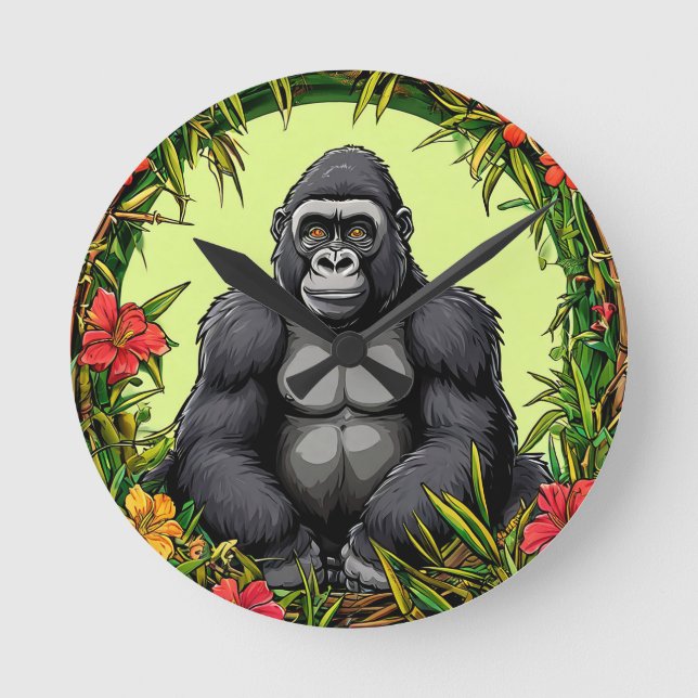 Gorilla in a Tropical Bamboo Frame Round Clock (Front)