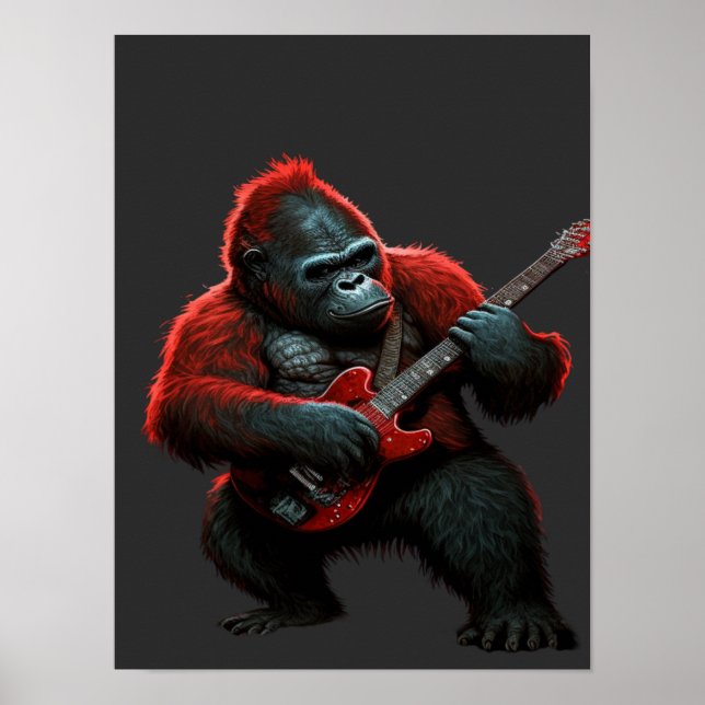 Gorilla Playing A Guitar T-Shirt Lumbar Cushion Poster (Front)