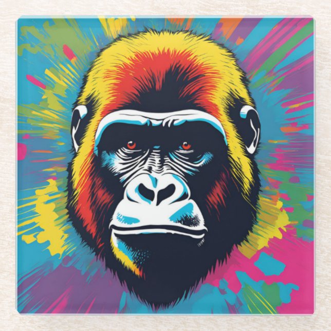 Gorilla Pop Art Cartoon Drawing Glass Coaster (Front)
