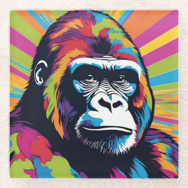 Gorilla Pop Art Cartoon Drawing Glass Coaster (Front)