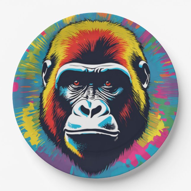 Gorilla Pop Art Cartoon Drawing Paper Plate (Front)