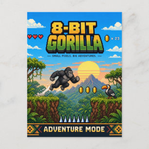 Gorilla, Retro 8-Bit Pixel Art Postcard