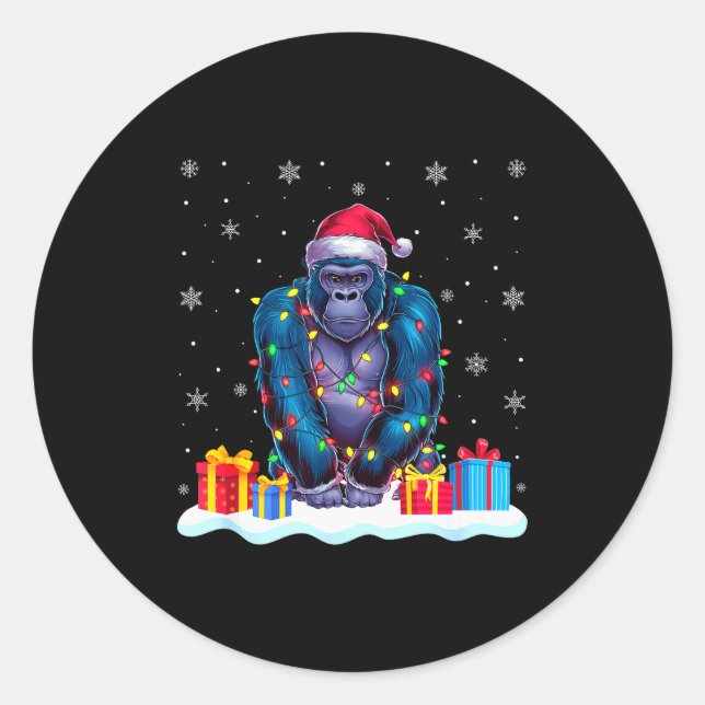 Gorilla Santa Hat Christmas Tree Light Xmas Pajama Classic Round Sticker (Front)
