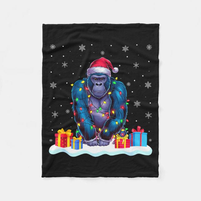 Gorilla Santa Hat Christmas Tree Light Xmas Pajama Fleece Blanket (Front)