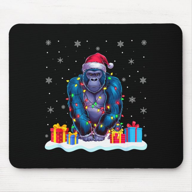 Gorilla Santa Hat Christmas Tree Light Xmas Pajama Mouse Mat (Front)