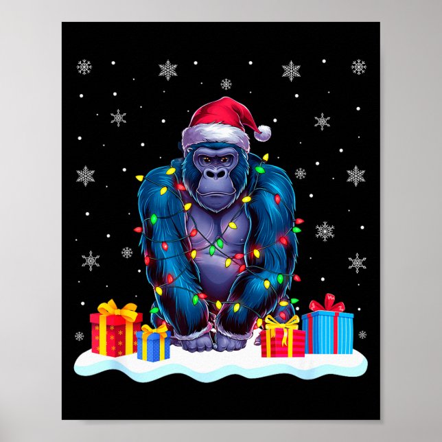 Gorilla Santa Hat Christmas Tree Light Xmas Pajama Poster (Front)