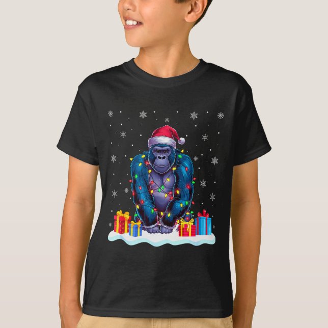 Gorilla Santa Hat Christmas Tree Light Xmas Pajama T-Shirt (Front)