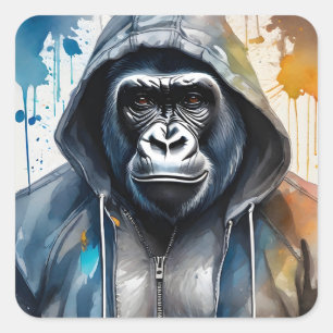 Gorilla Splatter Art Watercolor Portrait Hoodie Square Sticker
