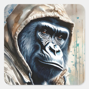 Gorilla Splatter Art Watercolor Portrait Pose Square Sticker