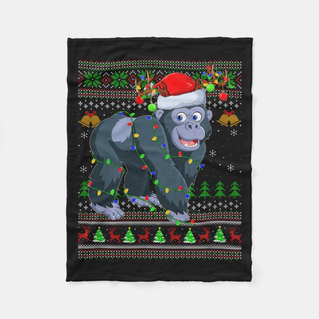 Gorilla Ugly Christmas Sweaters Holiday Santa Cute Fleece Blanket (Front)