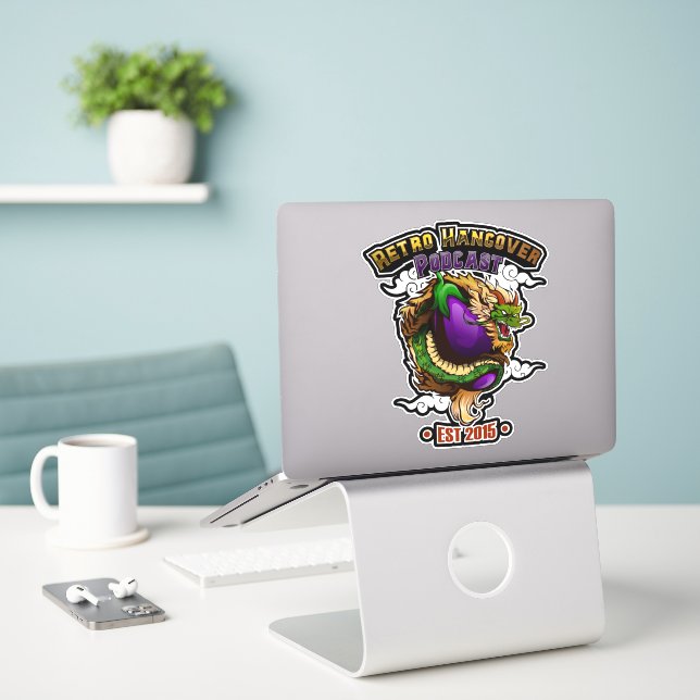Gorp the Eggplant Dragon Vinyl Sticker (Laptop On Desk)