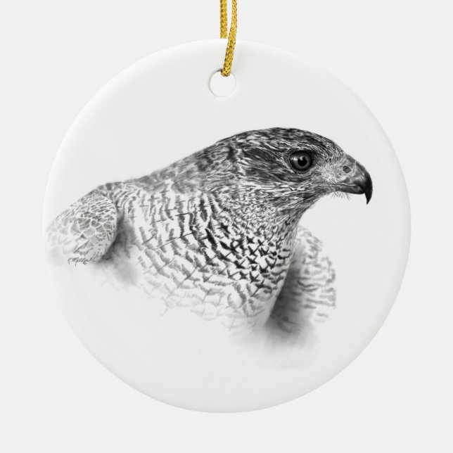 Goshawk Drawing Ceramic Tree Decoration (Front)
