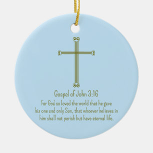 Gospel of John 3:16 Gold Cross Simple Light Blue Ceramic Tree Decoration