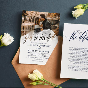 Gossamer Overlay Navy Fonts Photo 2 in 1 Wedding Invitation