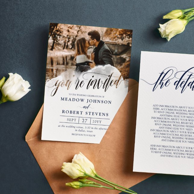 Gossamer Overlay Navy Fonts Photo 2 in 1 Wedding Invitation (Creator Uploaded)