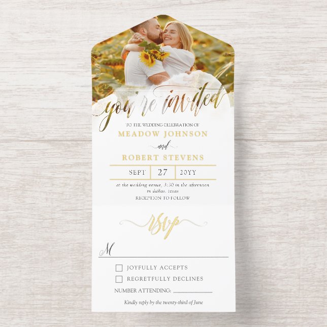 Gossamer Overlay Photo Informal Wedding Gold All In One Invitation (Inside)