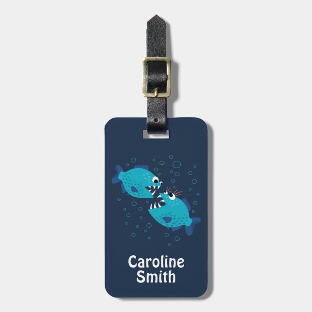 Gossiping Blue Piranha Fish Luggage Tag (Front Vertical)