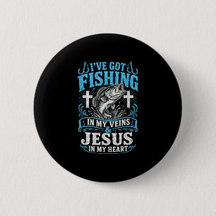Got fishing in veins jesus in heart angler 6 cm round badge