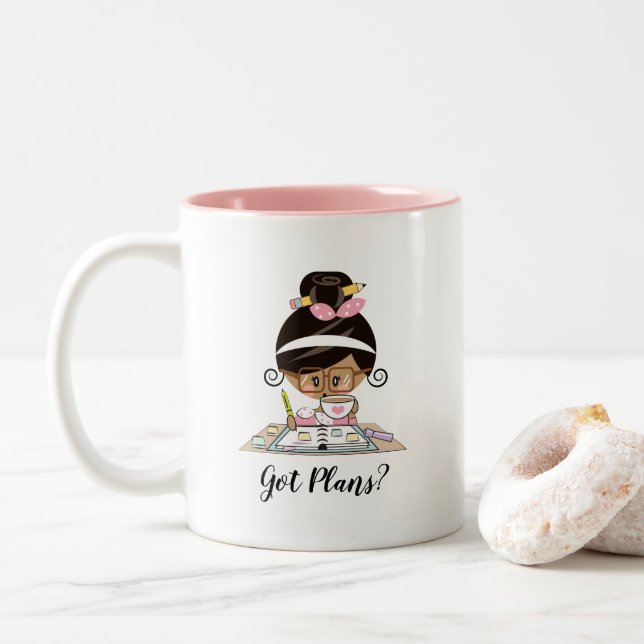 Got Plans Planner Girl Mug Black Hair Dark Skin (With Donut)
