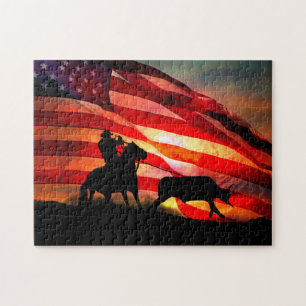 Gotcha  Cowboy and Steer with American Flag Jigsaw Puzzle