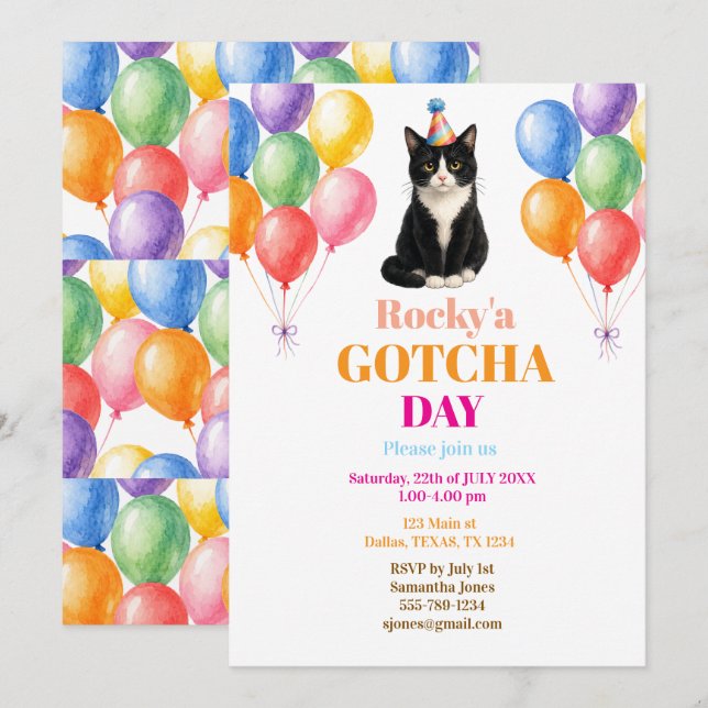 Gotcha day Adoption Party Tuxedo Cat Pet Invitation (Front/Back)