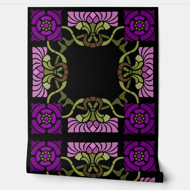 Goth Art Nouveau Rose and Dahlia Purples Wallpaper (Unrolling)