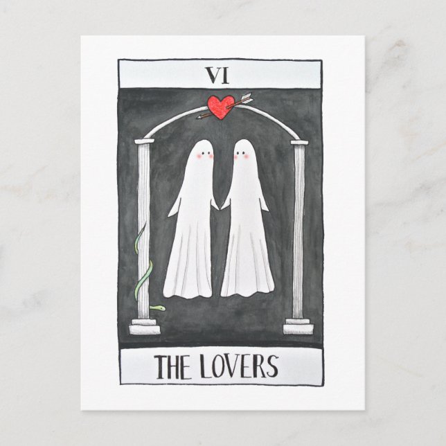 Goth Art Tarot Lovers Cute Ghost couple Graphic Postcard (Front)