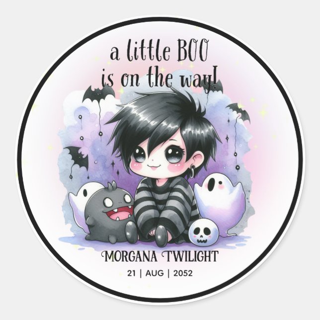 Goth Baby Boy Ghost Little Boo on the Way Classic Round Sticker (Front)