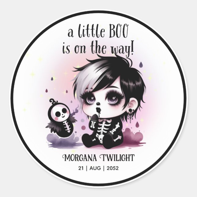 Goth Baby Boy Ghost Little Boo on the Way Classic Round Sticker (Front)