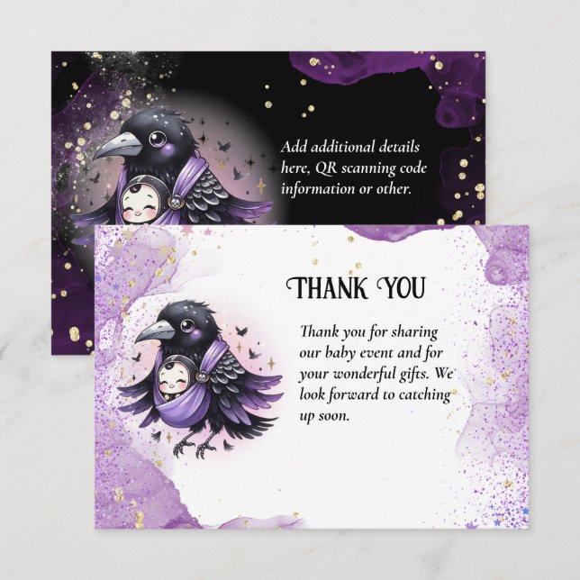 Goth Baby Boy Girl Shower Purple Black Thank You Card (Front/Back)